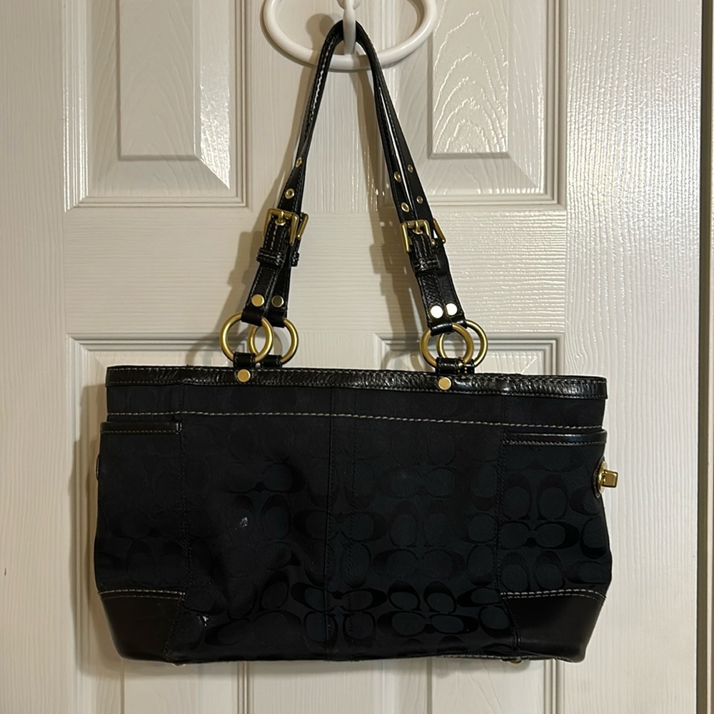 Coach Gallery Black Logo Shoulder Tote Bag with Gold Accents